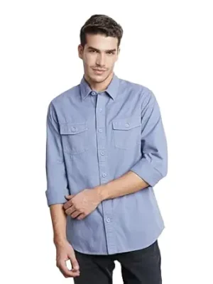 Blue Men's Casual Washed Cotton Twill Shirt (Regular Fit)