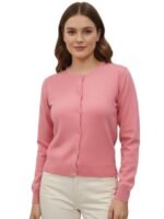 Women Viscose Solid Full Sleeve Cardigan with Buttons(Pink)