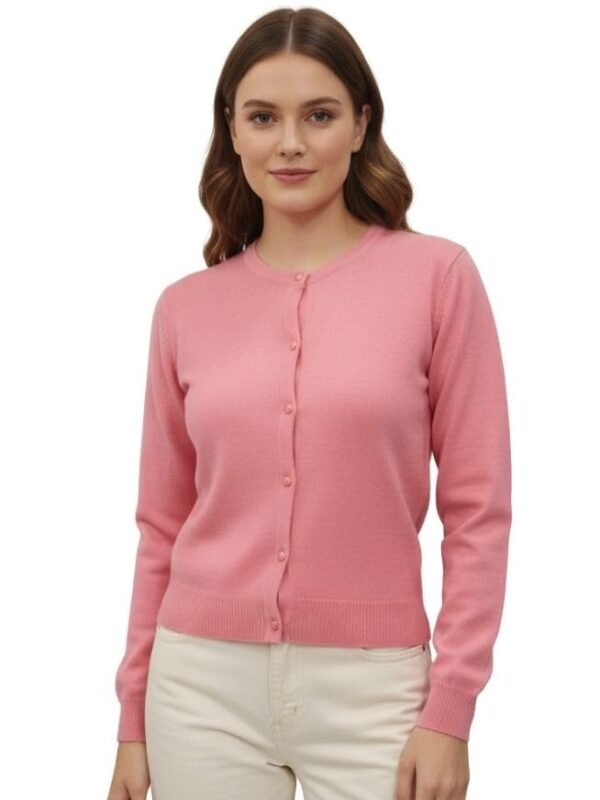 Women Viscose Solid Full Sleeve Cardigan with Buttons(Pink)