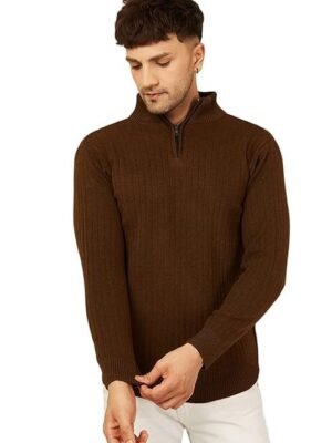 Men High Neck Zipper Full Sleeve Woolen Winter Sweater(Brown)