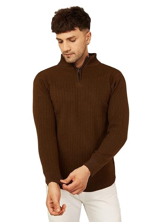 Men High Neck Zipper Full Sleeve Woolen Winter Sweater(Brown)