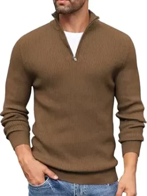 Men High Neck Zipper Full Sleeve Cotton Knitted Winter Sweater for Man(Brown)