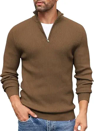 Men High Neck Zipper Full Sleeve Cotton Knitted Winter Sweater for Man(Brown)