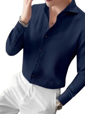 Blue Men Casual Shirts Plain Button Down Shirt Long Sleeve Textured Summer Beach Shirt for Men