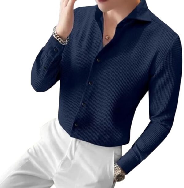 Blue Men Casual Shirts Plain Button Down Shirt Long Sleeve Textured Summer Beach Shirt for Men