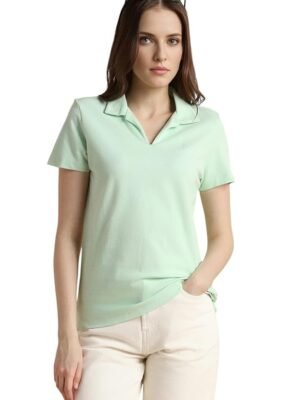 Women's Regular Comfort Fit Cotton Rich V Neck Polo T-Shirt（Green）