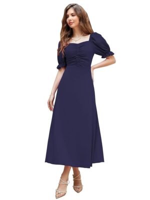 Women's Solid A-Line Ruched Puff Sleeve Maxi Long Evening One Piece Long Dress for Women Stylish(Navy Blue  )