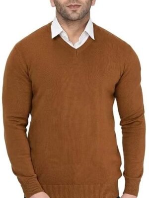 Men V-Neck Solid Woolen Full Sleeve Sweater for Winter(Brown)