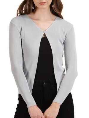 Women's Acrylic Knitted Ribbed Cardigan Front-Open Top Full Sleeve Shrug Jacket