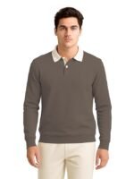 Solid Polo Neck Full Sleeve Cotton Blend T-shirt with Rib for Men Men’s Cotton Blend Full Sleeve Solid Henley T- Shirts(Brown)