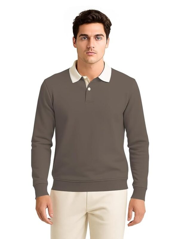 Solid Polo Neck Full Sleeve Cotton Blend T-shirt with Rib for Men Men’s Cotton Blend Full Sleeve Solid Henley T- Shirts(Brown)