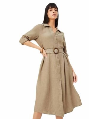Women's Polyester A-Line Midi Dress(Tan)