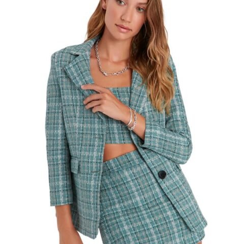 Women's Co-ord Set Lycra Long Sleeve Blazer Inner Crop Top and Skirt Set | Top and Bottom Set