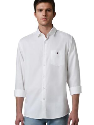 Men's Easy to Care Cotton Slim fit Solid Casual Shirt with Natural Stretch(White)