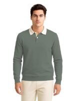 Solid Polo Neck Full Sleeve Cotton Blend T-shirt with Rib for Men Men’s Cotton Blend Full Sleeve Solid Henley T- Shirts(Olive)