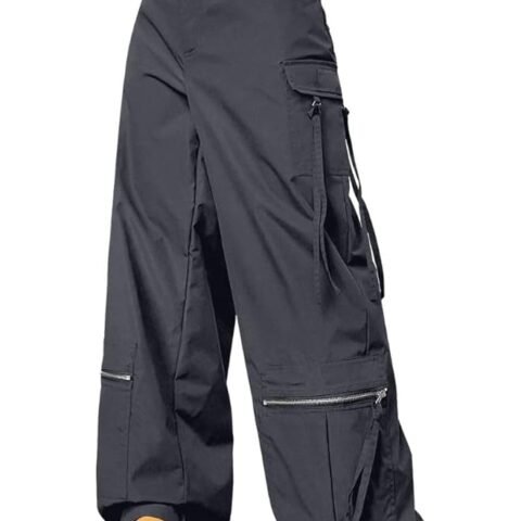 Grey Cargo Pants For Woman | Trousers For Women |High Waist Cotton Trouser for Women – Flared Parachute Pants with Side Pockets