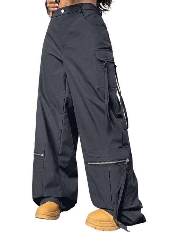 Grey Cargo Pants For Woman | Trousers For Women |High Waist Cotton Trouser for Women – Flared Parachute Pants with Side Pockets