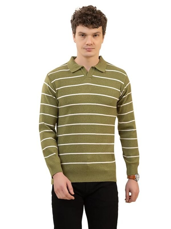 Men’s Premium Striped Polo Neck Sweater | Stylish Wool Blend Full Sleeve Knitted Pullover for Men(Green)