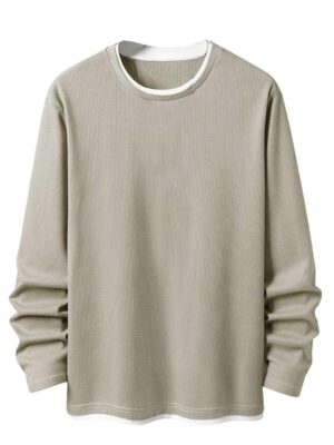 Men’s Casual Long Sleeve Waffle Knit T-Shirt – Soft Breathable Crewneck Top with Layered Hem(Grey)