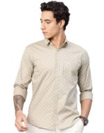Custom Abstract Printed Pure Cotton Slim Fit Casual Shirt(Beige）