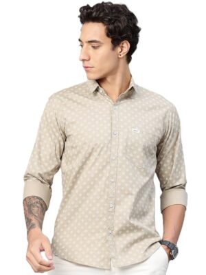 Custom Abstract Printed Pure Cotton Slim Fit Casual Shirt(Beige）