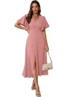 Women's Pleated Midi Dress with Flutter Sleeves | V-Neck Western Dress for Women | Elegant A-Line Summer Outfit( Peach)