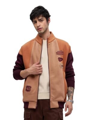 Men and Boys Long Sleeves Stand Collar Zipper Front Brown Cotton Blend Oversized Racer Jackets