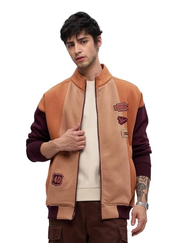 Men and Boys Long Sleeves Stand Collar Zipper Front Brown Cotton Blend Oversized Racer Jackets