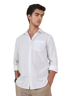 Men's Full Sleeve Casual Shirt - Regular Fit | Shirts for Men | Solid Color | Textured Shirt(White)