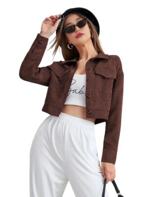 Women’s Corduroy Cropped Jacket with Two Pockets| Casual Button Down Korean Style Casual Outerwear(Brown)