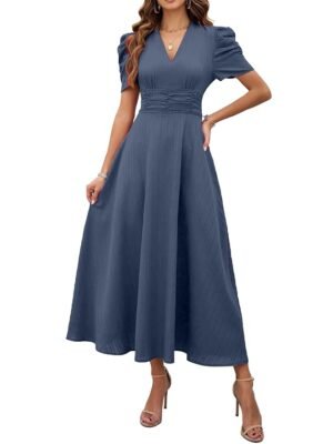 Women's Solid Color V-Neck A-Line Maxi Dress for Women | New Year Party Outfit | Waist Cinched Puff Sleeve Western Dress
