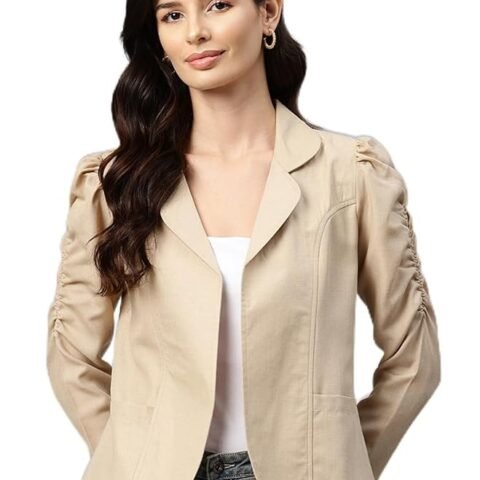 Women Beige Solid Cotton Lightweight Open Front Casual Blazer(Beige)
