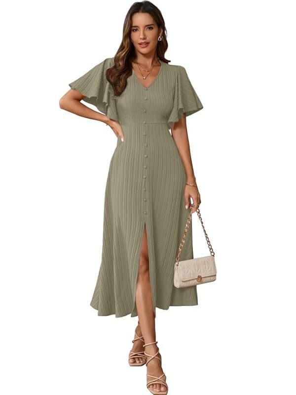 Women's Pleated Midi Dress with Flutter Sleeves | V-Neck Western Dress for Women | Elegant A-Line Summer Outfit( Pista)