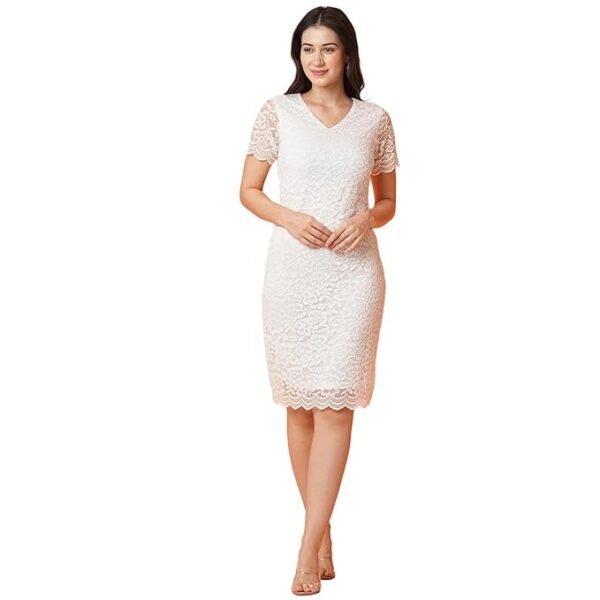 Women Stretchable Lace Scalloped Hem Mini Bodycon Party Dress
