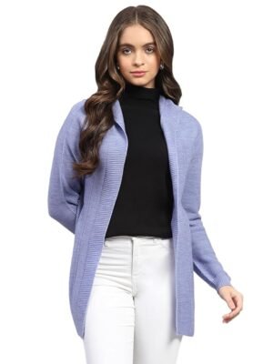 Women Self Design Front Open Wool Blend Cardigan(Blue)