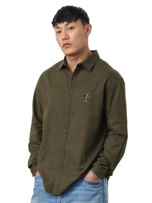 Men and Boys Long Sleeve Spread Collar Button Front Dark Olive Green Embroidered Regular Fit Cotton Linen Shirt
