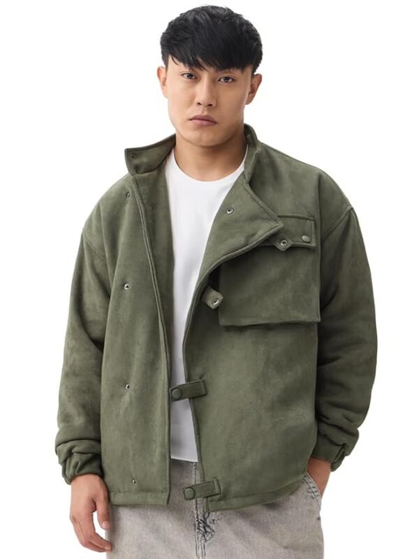 Men and Boys Full Sleeves Mock Neck Hunter Green Solid Suede Oversized Fit Utility Pockets Lightweight Winter Jacket