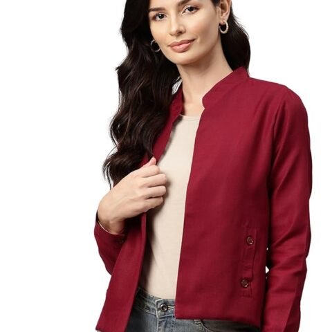 Women Maroon Lightweight Open Front Casual Blazer(Red)