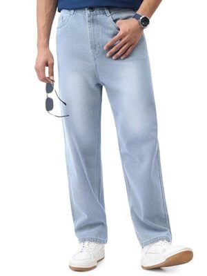 Ice Blue Men's Loose Baggy Fit Washed Jeans Non-Stretchable