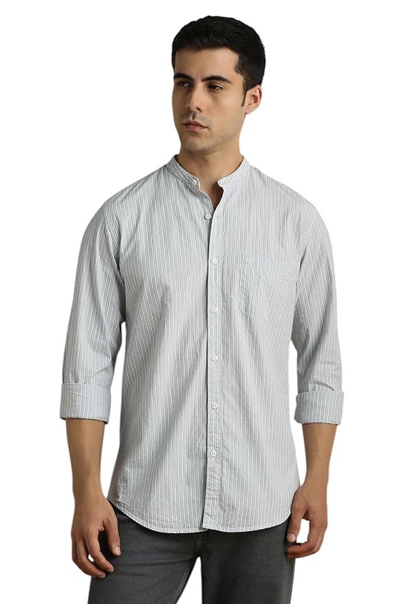 Classic Striped Cotton Mandarin Collar Shirt for Men – Full Sleeves, Business Casual(Grey)