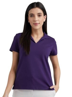 Women's Regular Comfort Fit Cotton Rich V Neck Polo T-Shirts（Purple）