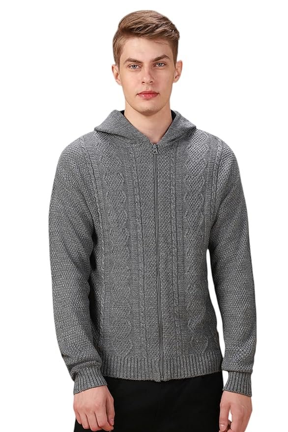 Solid Full Sleeves Hooded Acrylic Regular Fit Men Casual Sweater