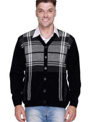 Full Sleeve Front Open Buttoned Woolen Sweater for Men with Pockets