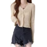 Women's Knitted Ribbed Cardigan Long-Sleeve V-Neck Button-Up Shrug Jacket Top(Beige)