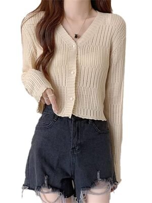Women's Knitted Ribbed Cardigan Long-Sleeve V-Neck Button-Up Shrug Jacket Top(Beige)