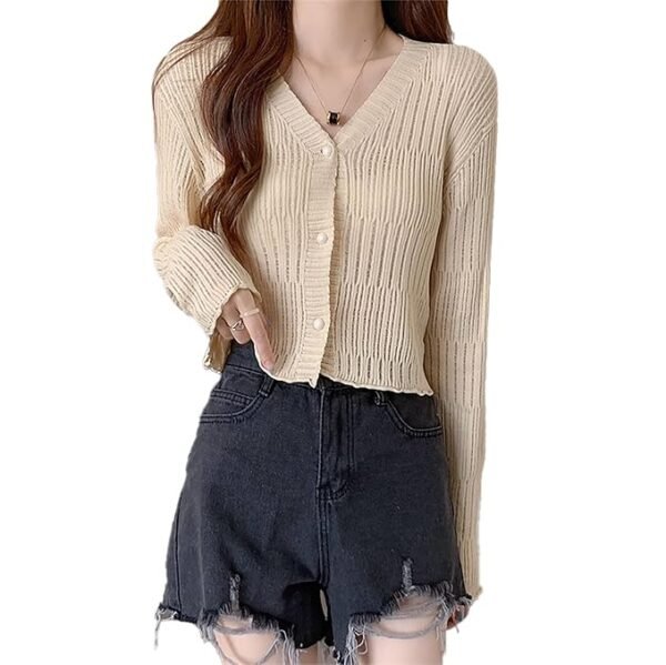 Women's Knitted Ribbed Cardigan Long-Sleeve V-Neck Button-Up Shrug Jacket Top(Beige)