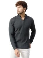 Men High Neck Zipper Full Sleeve Woolen Winter Sweater(Grey)