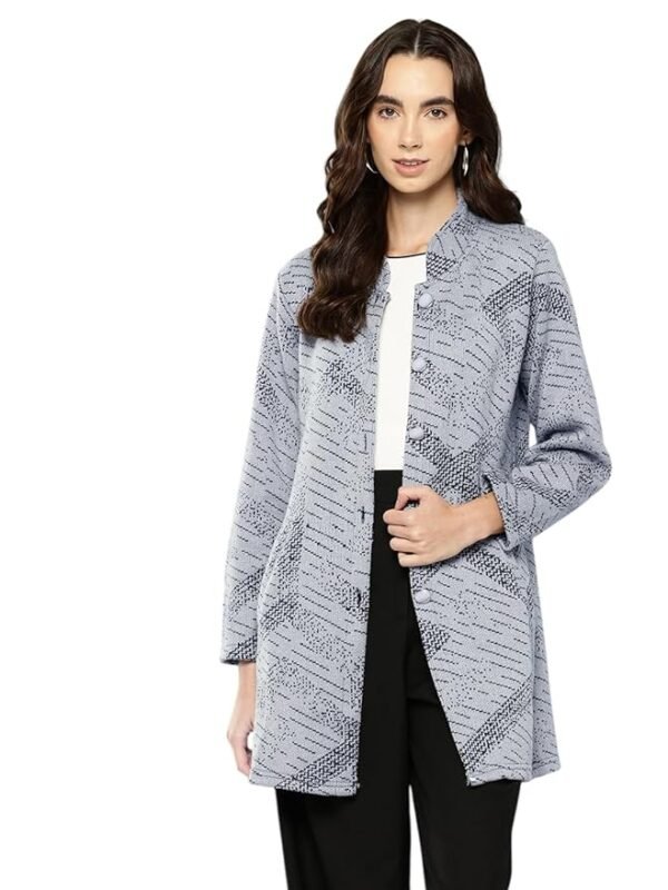Women Casual Wear Grey Color Abstract Woolen Cardigan