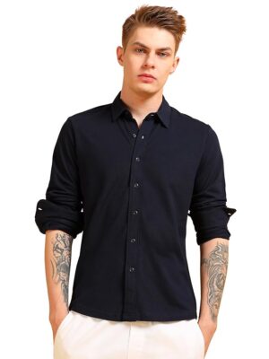 Men's Cotton Pique Regular Fit Full Sleeve Solid Knitted Shirt(Navy Blue)