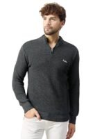 Men High Neck Quarter Zipper Full Sleeve Woolen Winter Waffle Knit Sweater(Grey)